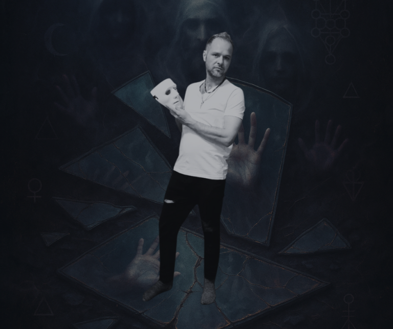 just billy standing holding mask representing shading starting a new. with haunting hands reaching up